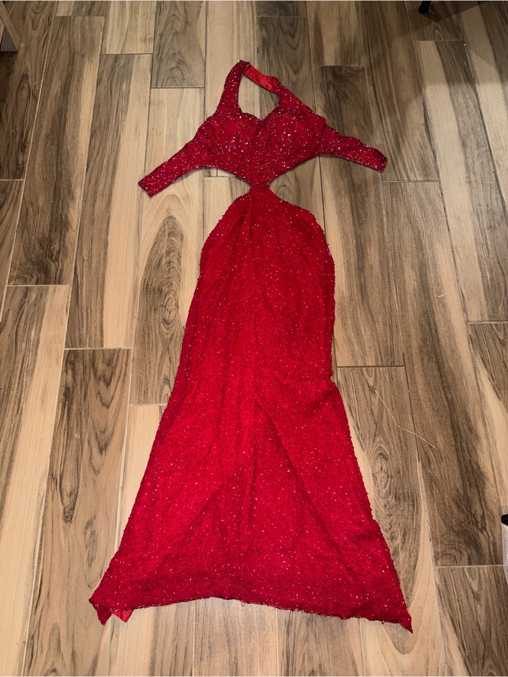 Red Beaded Backless Cutout Evening Dress